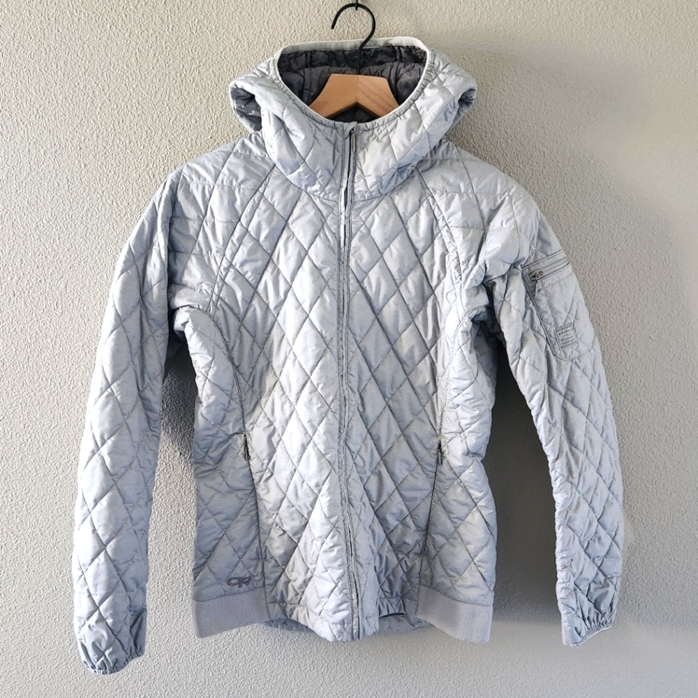Outdoor Research Puffer Jacket Medium Quilted Grey Hood Pockets *flawed*